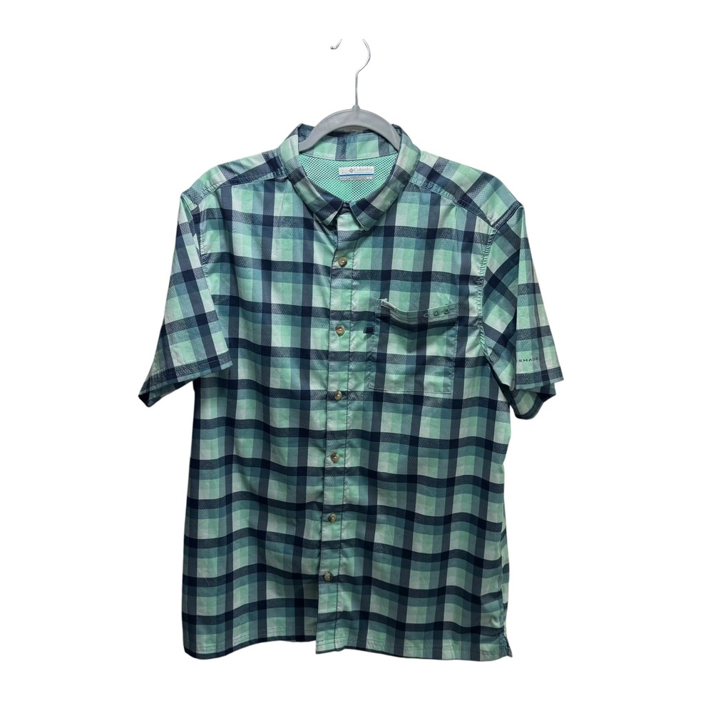 Columbia PFG Outdoor Men M Green Plaid Short Sleeve Fishing Shirt Omni-Shade